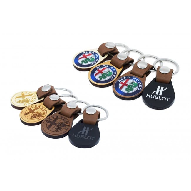 Custom Printed Deluxe Round Shape Keyring In Either Wood Or Acrylic With A Leather Strap