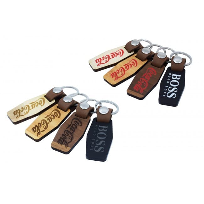 Custom Printed Deluxe Rectangular Shape Keyring In Either Wood Or Acrylic With A Leather Strap