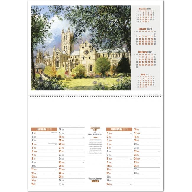 Custom Printed Watercolour Britain Central Spiral Wall Calendar