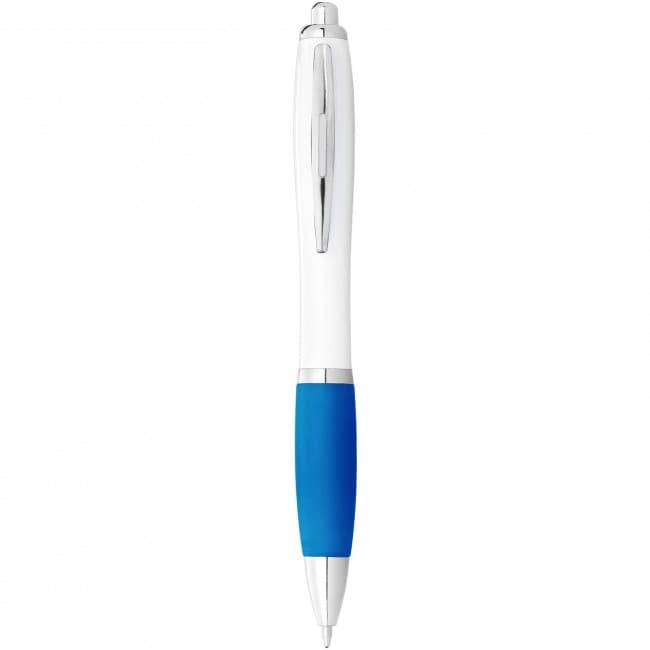 Custom Printed Nash ballpoint pen with white barrel and coloured grip - Image 3