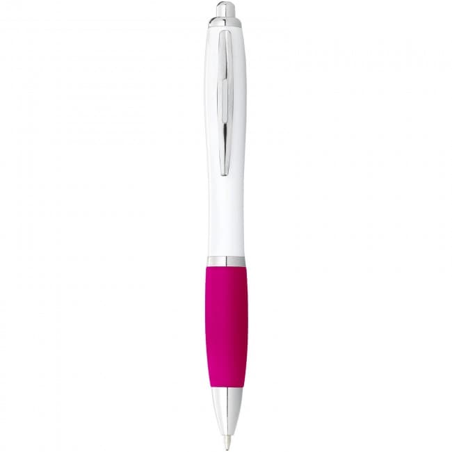 Custom Printed Nash ballpoint pen with white barrel and coloured grip - Image 2