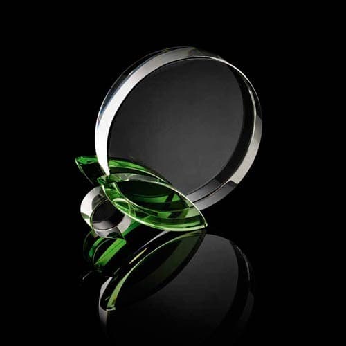 Custom Printed Chunky Round Crystal Award With Green Leaf Stand