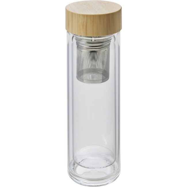 Custom Printed Glass & bamboo bottle with tea infuser 420ml - Image 1