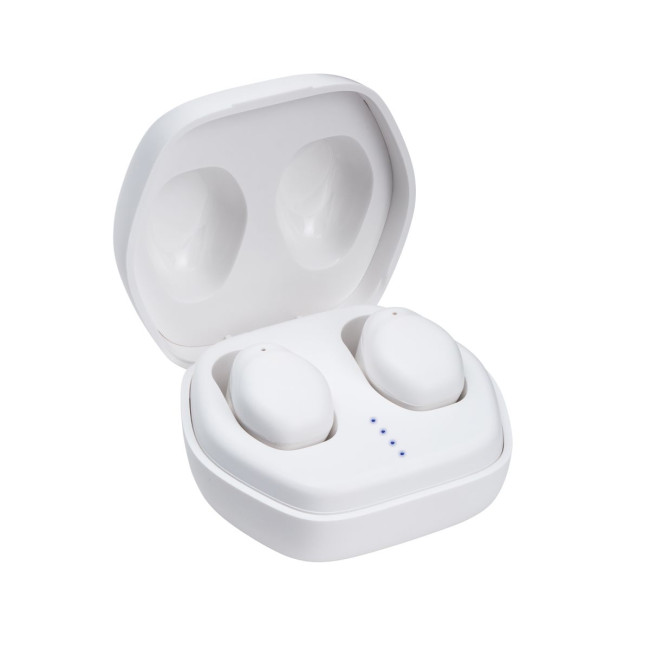 Custom Printed White Wireless Earphones & Charging Case - Image 1