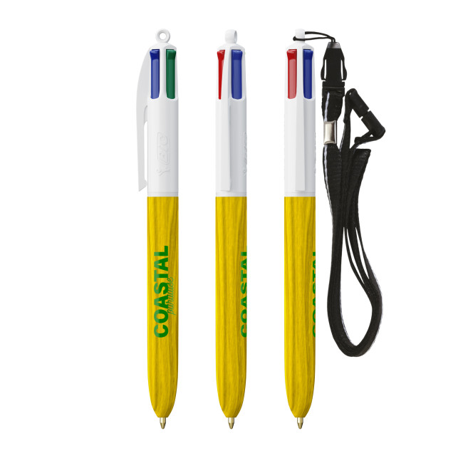 Custom Printed BIC 4 Colours Wood Style Ballpen With Lanyard Screen Printing - Image 1