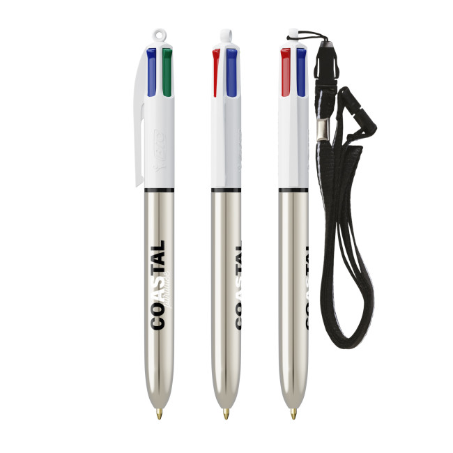 Custom Printed BIC 4 Colours Shine Ballpen + Lanyard Laser Engraving - Image 1