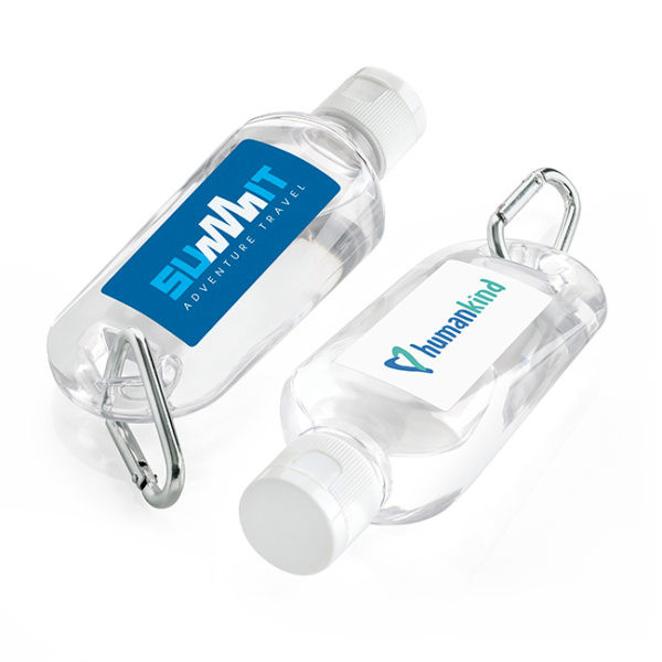 Custom Printed Antibacterial Hand Sanitiser on a Carabiner Clip 70ml