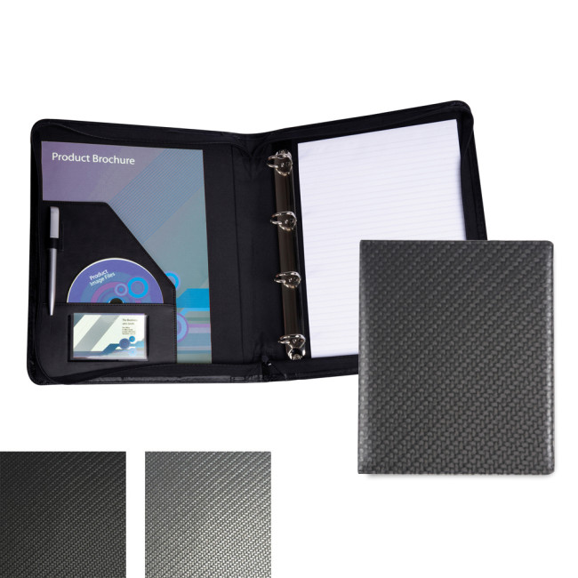 Custom Printed Carbon Fibre Textured PU Zipped A4 Ring Binder - Image 1