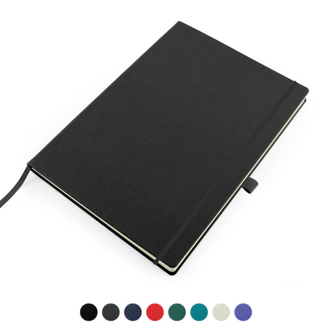 Custom Printed Recycled ELeather A4 Casebound Notebook With Elastic Strap & Pen Loop - Image 1