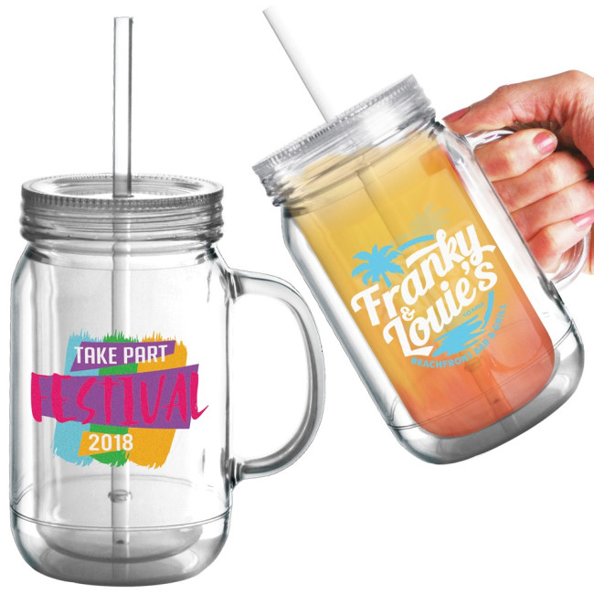 Custom Printed Reusable Plastic Mason Drinking Jar 455ml