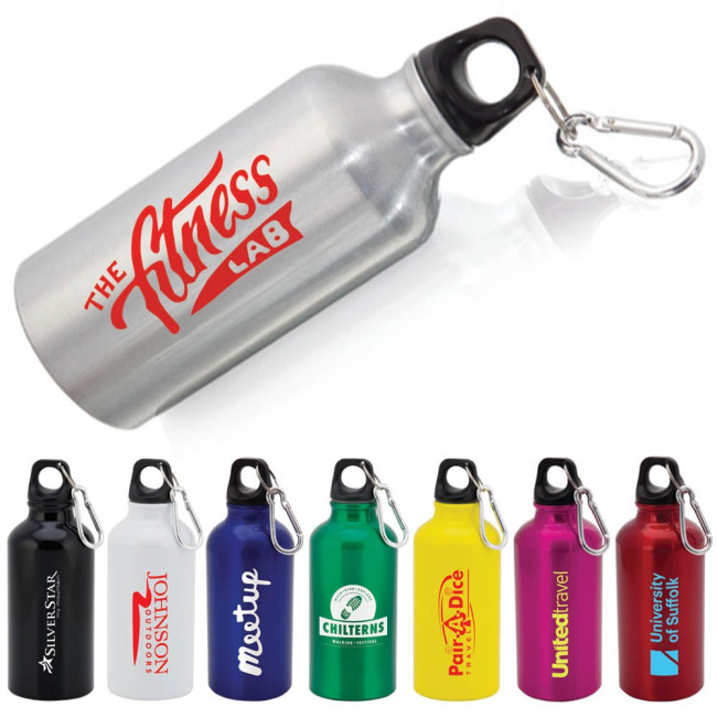 Custom Printed Aluminium Bottle With Carabiner Lid Mento 400ml