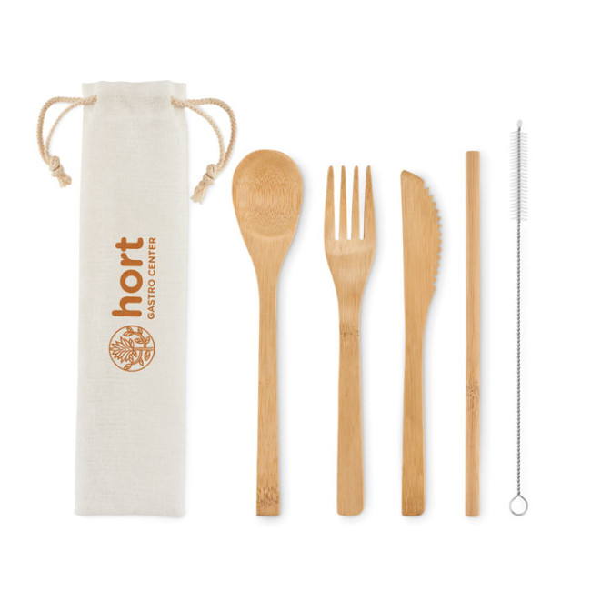 Custom Printed Bamboo Cutlery With Straw