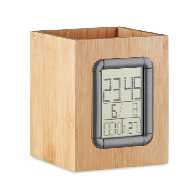 Custom Printed Bamboo Pen Holder And Lcd Clock