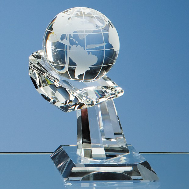 Custom Printed 6cm Optical Crystal Globe on Mounted Hand Award