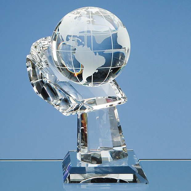 Custom Printed 8cm Optical Crystal Globe on Mounted Hand Award