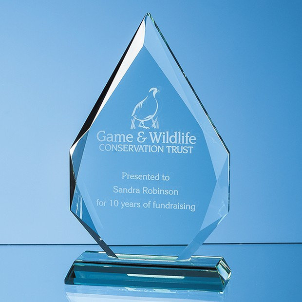 Custom Printed 18.5cm x 12.5cm x 19mm Jade Glass Facetted Diamond Peak Award