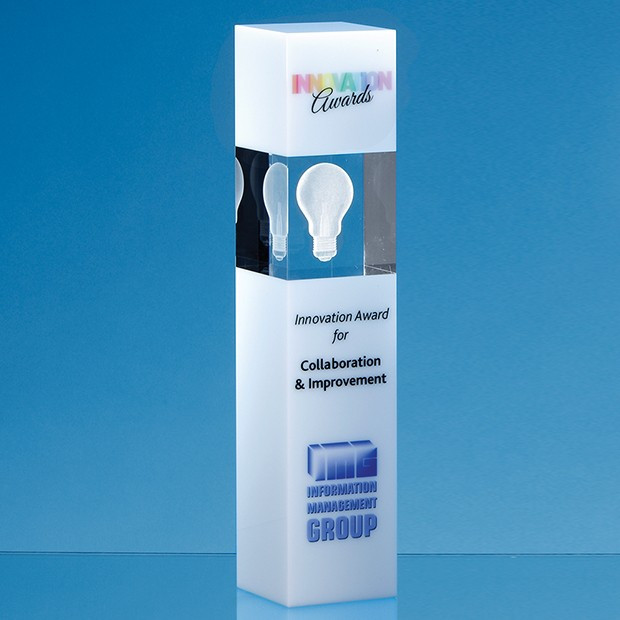 Custom Printed 28cm Clear & White Optical Crystal Square Column Award