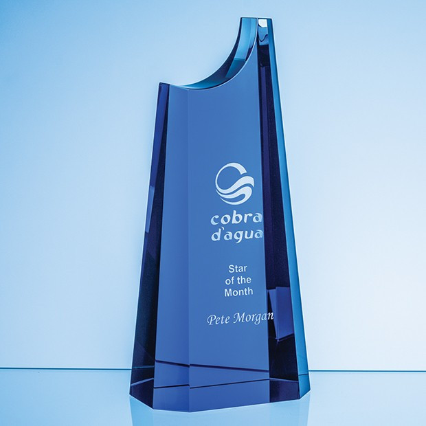 Custom Printed 24cm Cobalt Blue Optical Crystal Summit Award