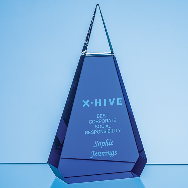 Custom Printed 20.5cm Cobalt Blue & Clear Optical Crystal Prism Award