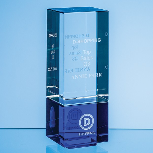 Custom Printed 18cm Clear & Cobalt Blue Optical Crystal Berkley Column Award