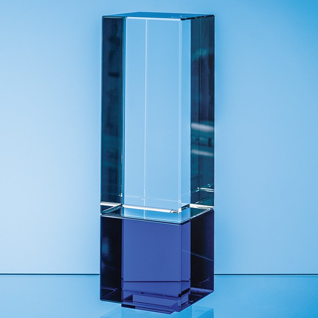 Custom Printed 22cm Clear & Cobalt Blue Optical Crystal Berkley Column Award