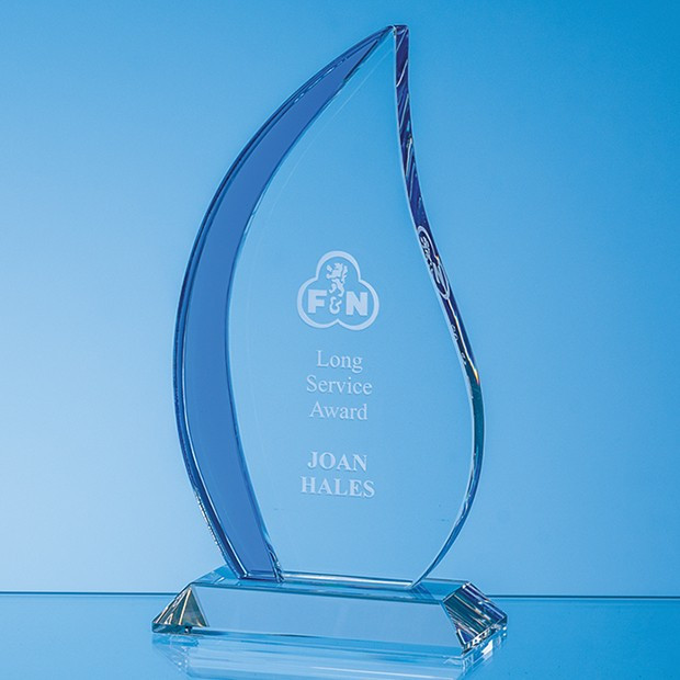 Custom Printed 20cm Optical Crystal Clear & Cobalt Blue Flame Award