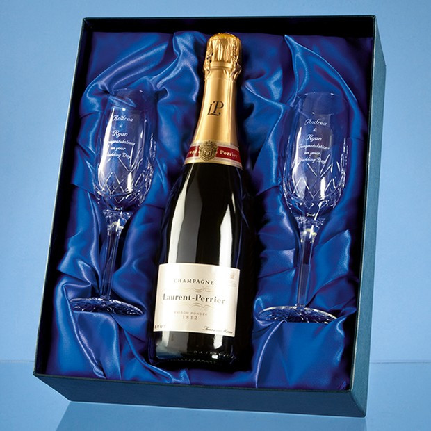 Custom Printed Double Champagne Flute Gift Set with a 75cl Bottle of Laurent Perrier Champagne