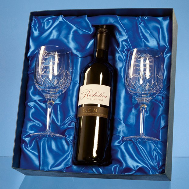 Custom Printed Double Goblet Gift Set with a 75cl Bottle of Red Wine