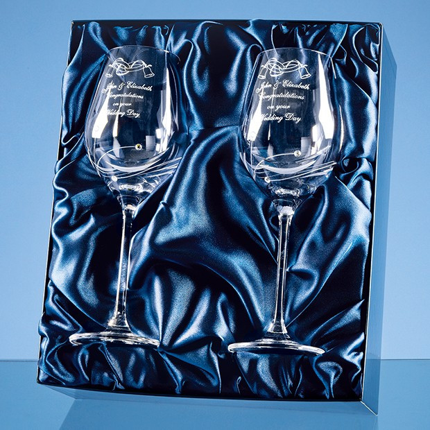 Custom Printed 2 Diamante Wine Glasses with Elegance Spiral Cutting in an attractive Gift Box