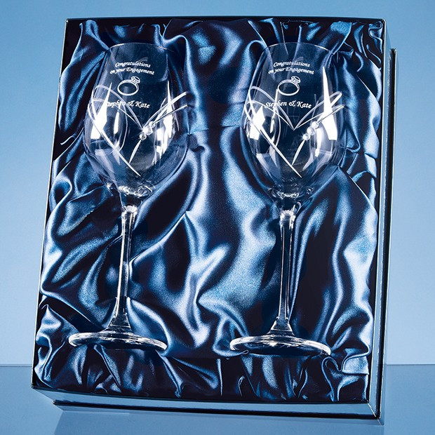 Custom Printed 2 Diamante Wine Glasses with Heart Shaped Cutting in an attractive Gift Box