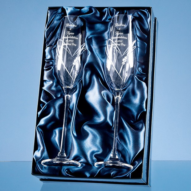 Custom Printed 2 Diamante Champagne Flutes with Heart Shaped Cutting in an attractive Gift Box