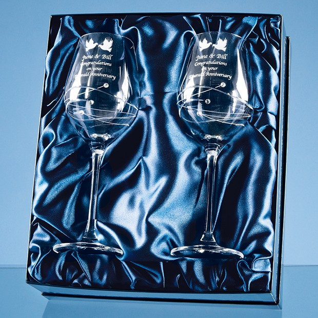 Custom Printed 2 Diamante Wine Glasses with Spiral Design Cutting in an attractive Gift Box