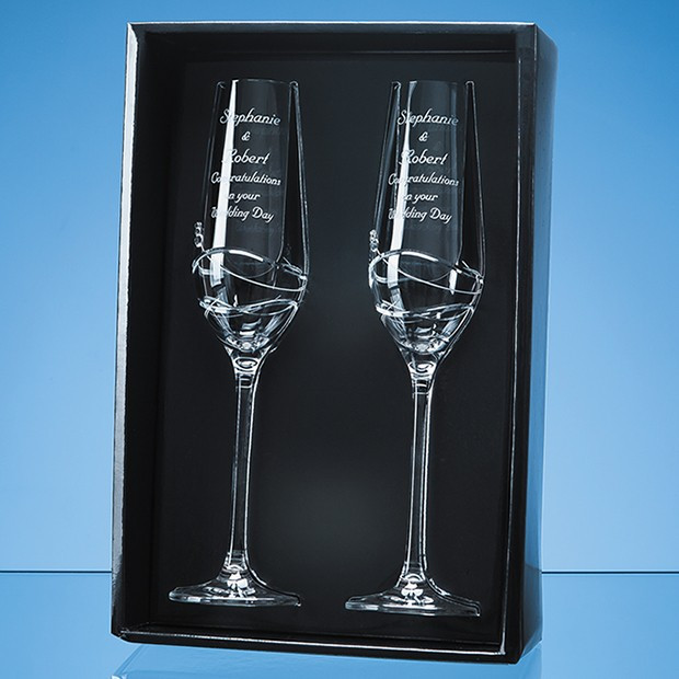 Custom Printed 2 Diamante Champagne Flutes with Modena Spiral Cutting in an attractive Gift Box