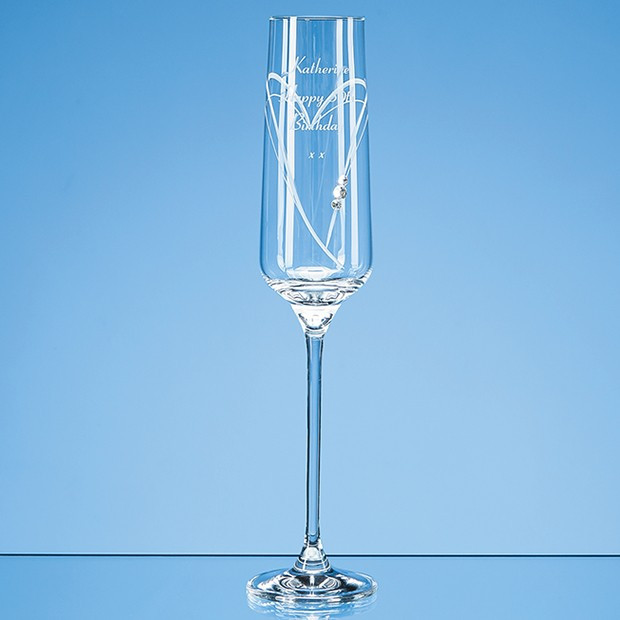 Custom Printed Just For You' Diamante Champagne Flute with Heart Shaped Cutting in an attractive Gift Box