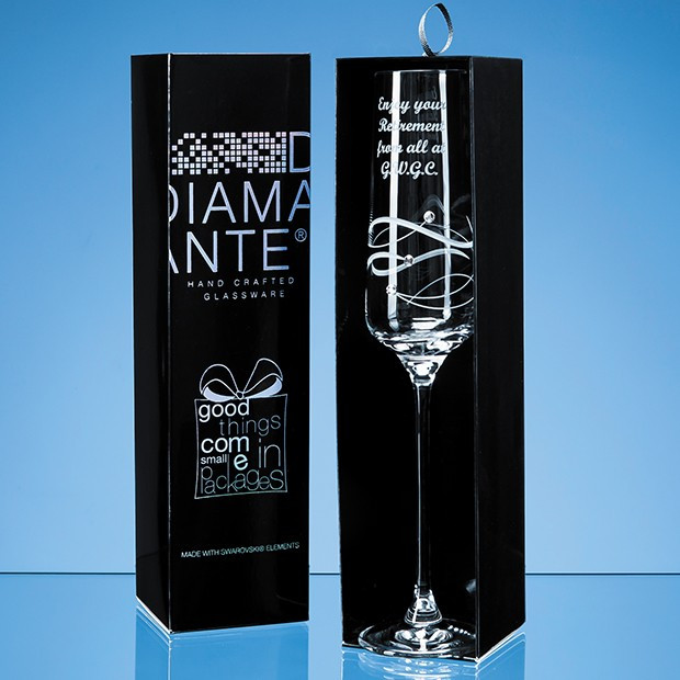 Custom Printed Just For You' Diamante Champagne Flute with Spiral Design Cutting in an attractive Gift Box