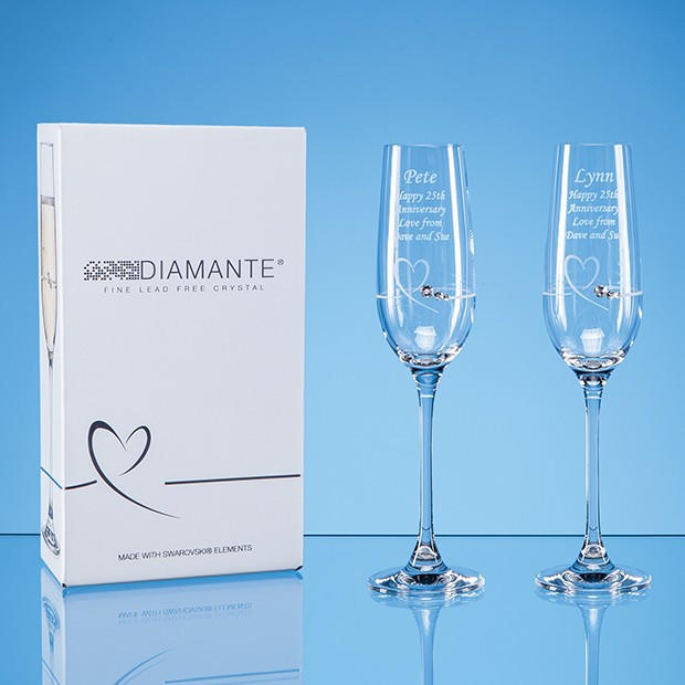 Custom Printed 2 Diamante Petit Champagne Flutes with Heart Design in an attractive Gift Box