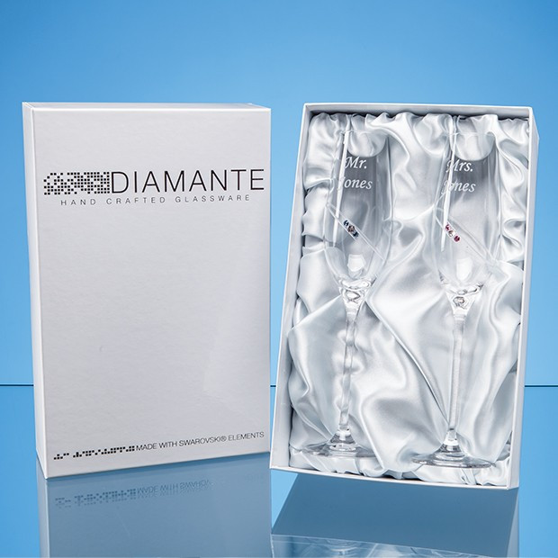 Custom Printed 2 'His & Hers' Diamante Champagne Flutes with Orbital Design in an attractive Gift Box