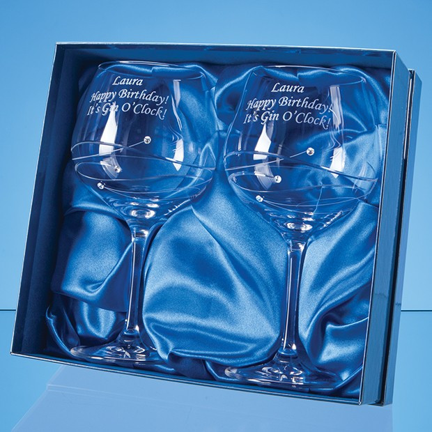 Custom Printed 2 Diamante Gin Glasses with Spiral Design Cutting in an attractive Gift Box