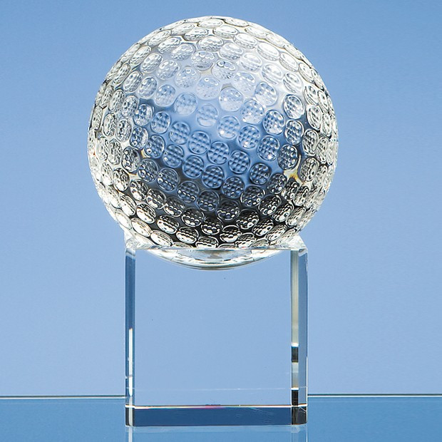 Custom Printed 8cm Optical Crystal Golf Ball on a Clear Crystal Base