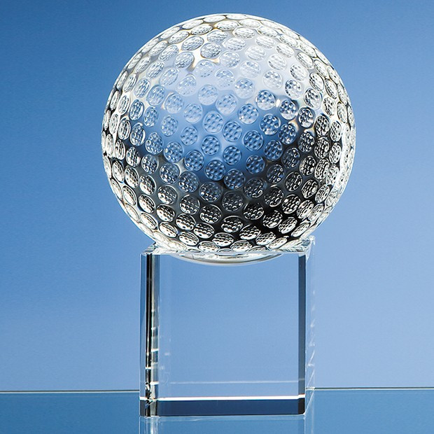 Custom Printed 10cm Optical Crystal Golf Ball on a Clear Crystal Base