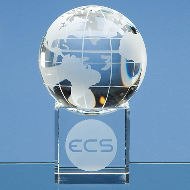 Custom Printed 8cm Optical Crystal Globe on a Clear Crystal Base