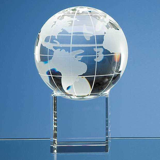 Custom Printed 10cm Optical Crystal Globe on a Clear Crystal Base