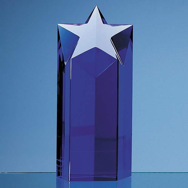 Custom Printed 20cm Sapphire Blue Optic Star Column Award