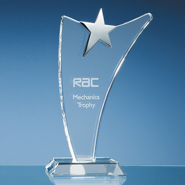 Custom Printed 25cm Optical Crystal Swoop Award with Silver Star