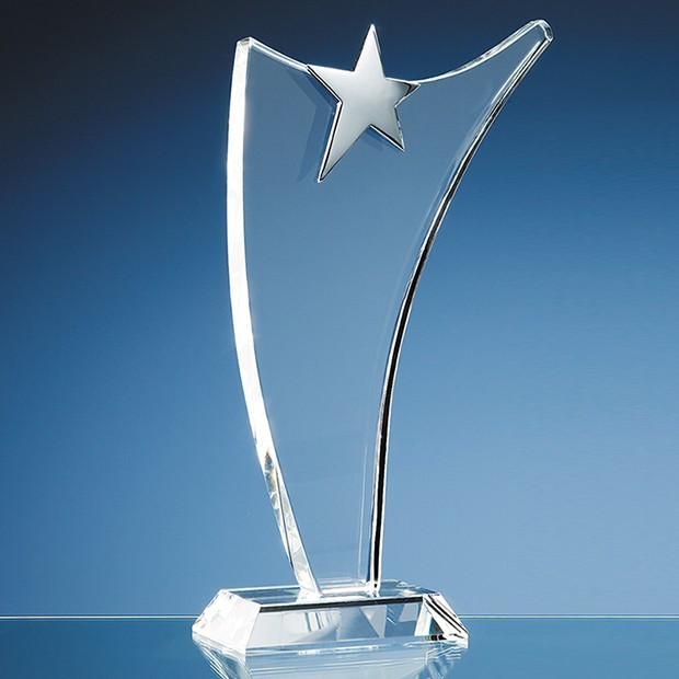 Custom Printed 30cm Optical Crystal Swoop Award with Silver Star