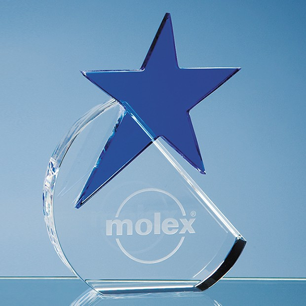 Custom Printed 15cm Optical Crystal Circle with a Cobalt Blue Star Award