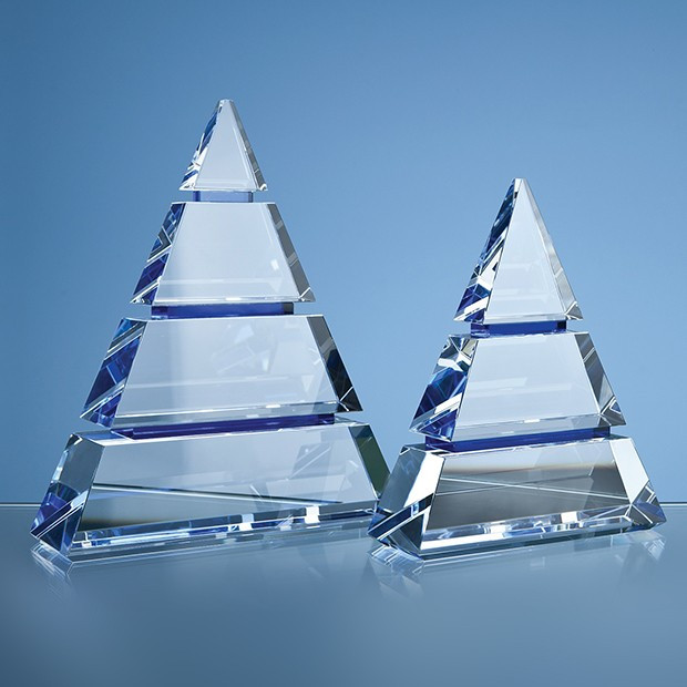 Custom Printed 18.5cm Clear Optical Crystal Luxor Award with 2 Cobalt Blue Lines