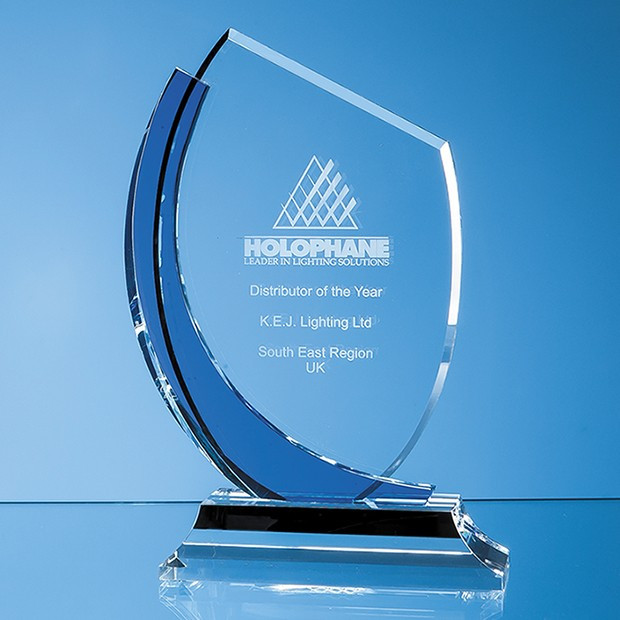 Custom Printed 20cm Optical Crystal Slope Award with Sapphire Blue Curve