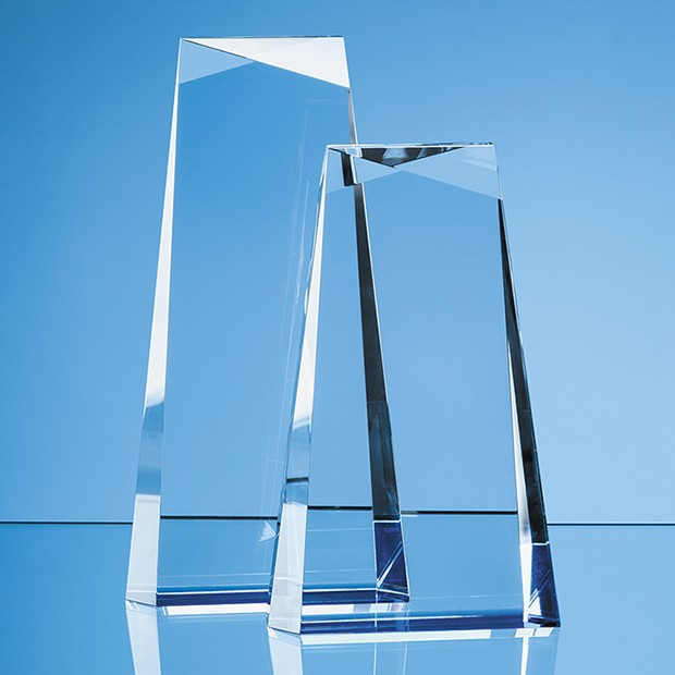 Custom Printed 23cm Optical Crystal Facet Top Tapered Rectangle with a Cobalt Blue Base