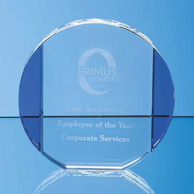 Custom Printed 15.5cm Clear & Cobalt Blue Optical Crystal Column Circle Award